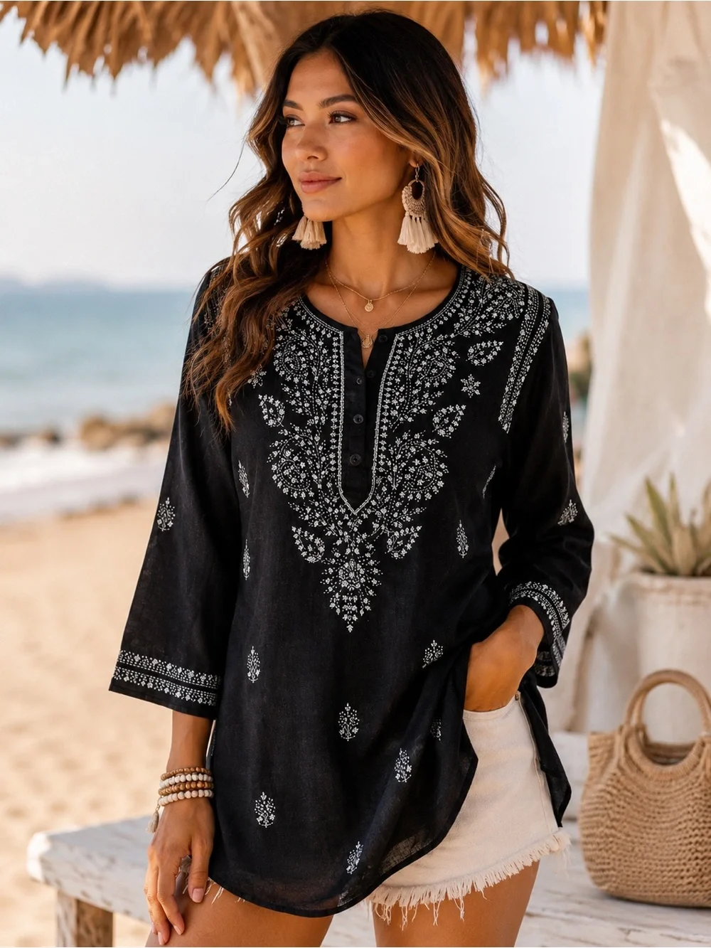 Sam Hilu Black Embroidered Tunic Top Boho India Cotton Medium - Picture 1 of 10